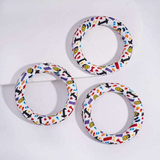 Silicone Focal Beads Soft Round Ring with Sports Gym Equipment Prints, 65MM