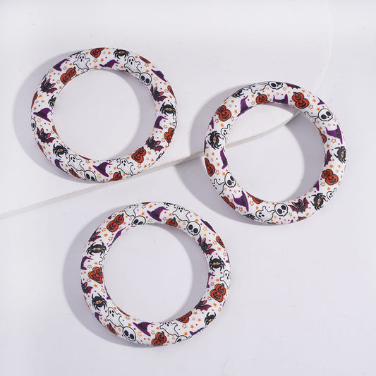 Silicone Focal Beads Soft Round Ring with Halloween Pumpkin Spider Bat Skull Prints, 65MM