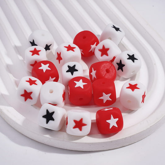 Silicone Focal Beads with Assorted Colors Five Pointed Star Prints, Cube Square Shape, 12MM, Random Mix