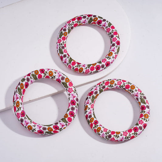 Silicone Focal Beads Soft Round Ring with Bright Colorful Flowers and Green Leaves Prints, 65MM