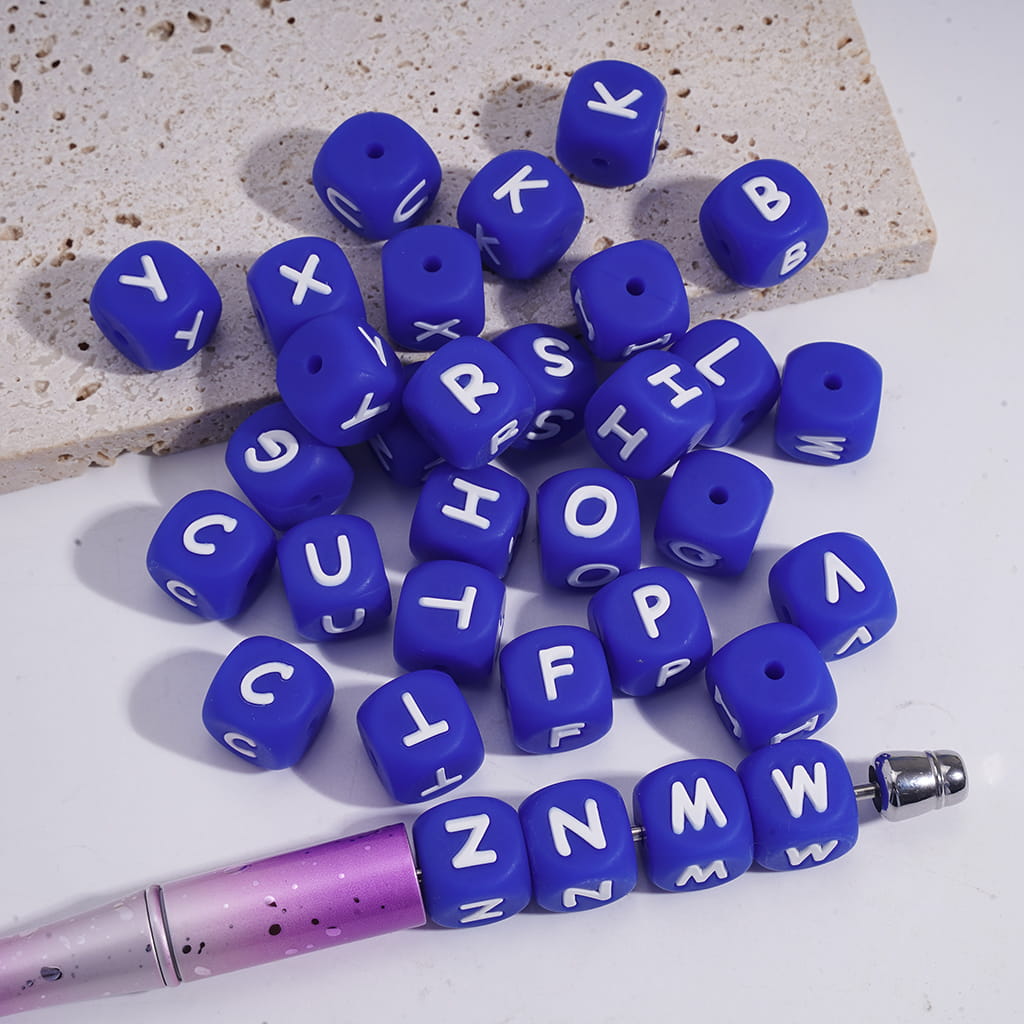 Silicone Letter Beads, Alphabet All Letters, Dark Blue, Cube Square Shape, Size 12MM