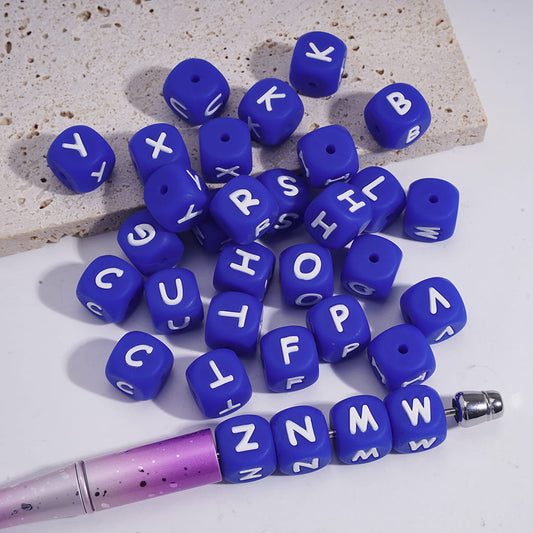 Silicone Letter Beads, Alphabet All Letters, Dark Blue, Cube Square Shape, Size 12MM