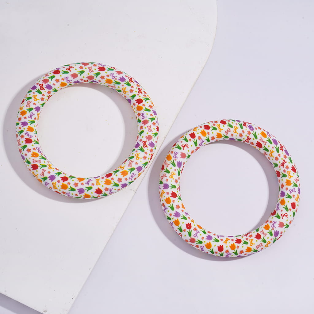 Silicone Focal Beads Soft Round Ring with Bowknots and Tulip Flowers Prints, 65MM