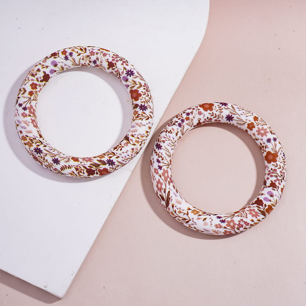 Silicone Focal Beads Soft Round Ring with Grass and Flowers Prints, 65MM