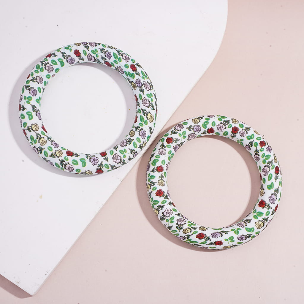 Silicone Focal Beads Soft Round Ring with Green Leaves and Rose Flowers Prints, 65MM