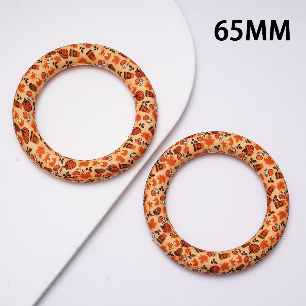 Silicone Focal Beads Soft Round Ring with Pumpkin Fox Mushroom Autumn Prints, 65MM