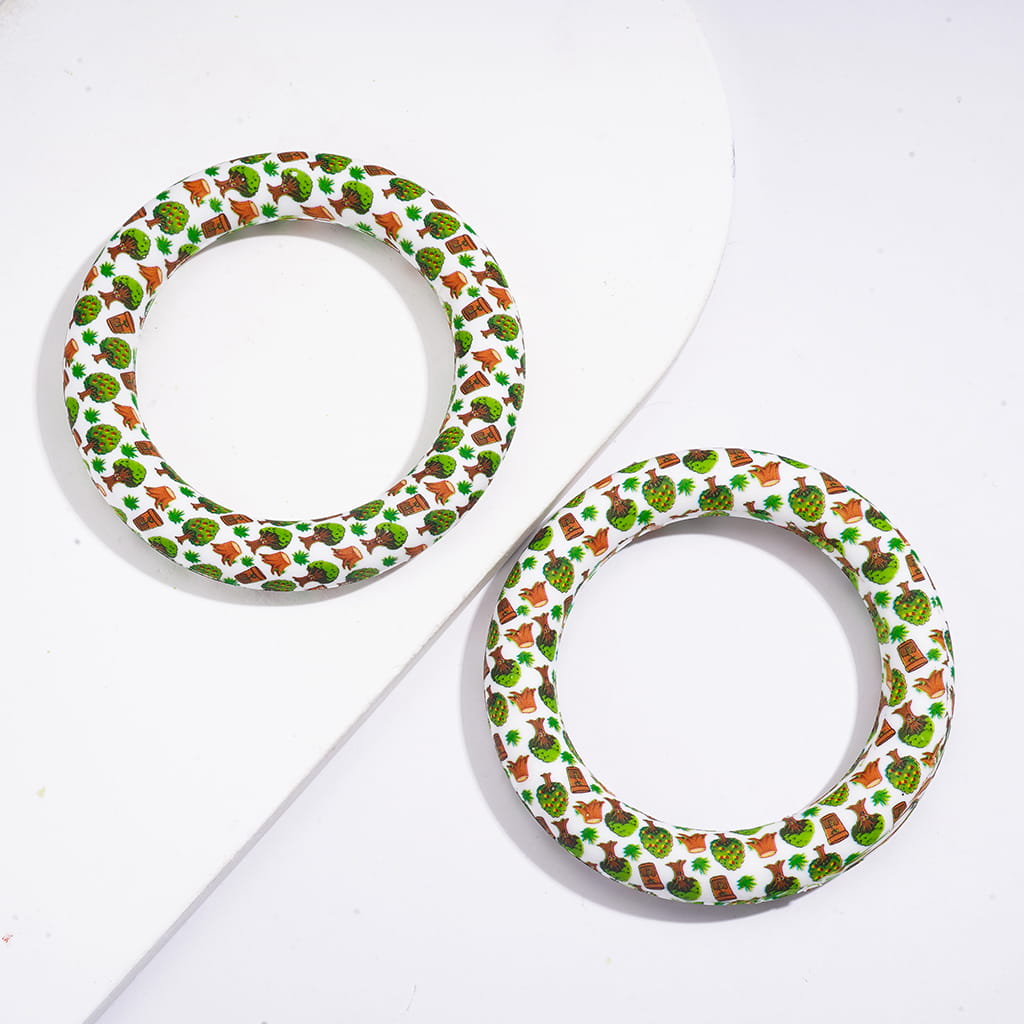 Silicone Focal Beads Round Ring with Potted Plant Grass Stump Tree, 65MM