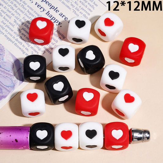 Silicone Focal Beads with Heart Printed Cube Square Shape, 12*12MM  Multi-Color Random Mix