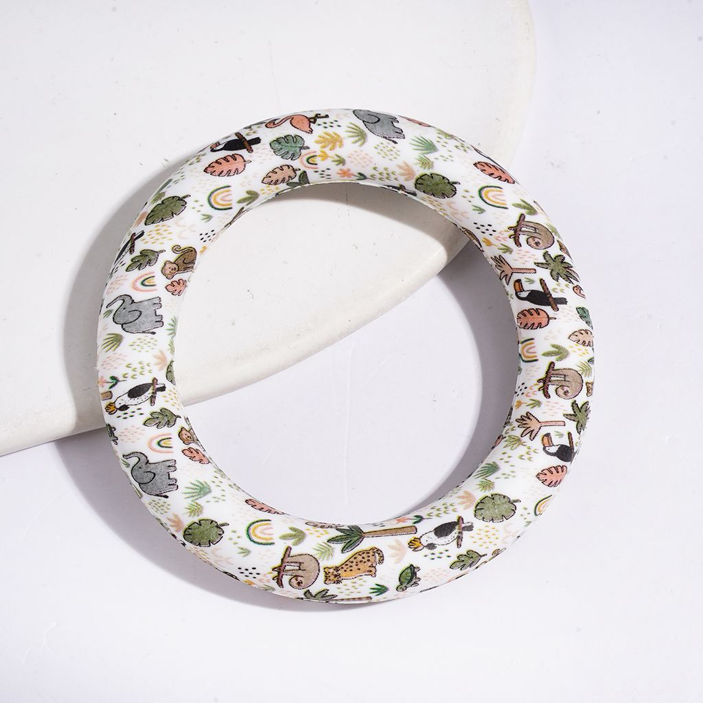 Silicone Beads Ring Frame, Circle Round Soft Car Hanger Charm Loop, Wildlife Elephant Monkey Flamingo Leopard Prints, 65MM