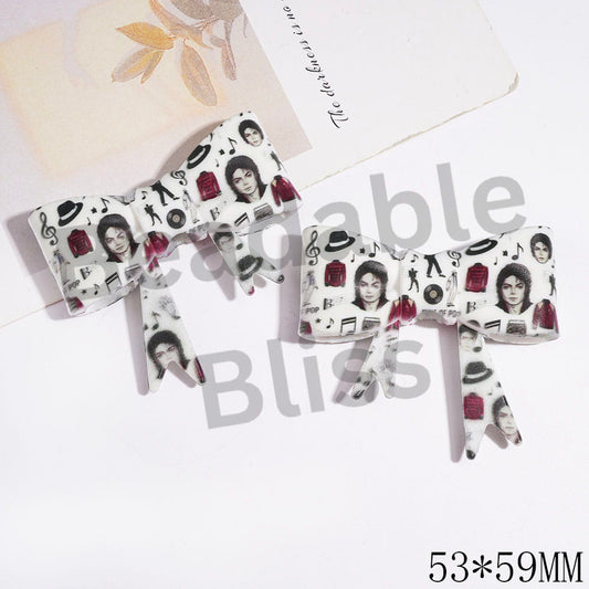 UV Printed Silicone Focal Beads Bowtie with American Singer & Music Note & Red Costume & Black Hat Patterns, 53*59MM