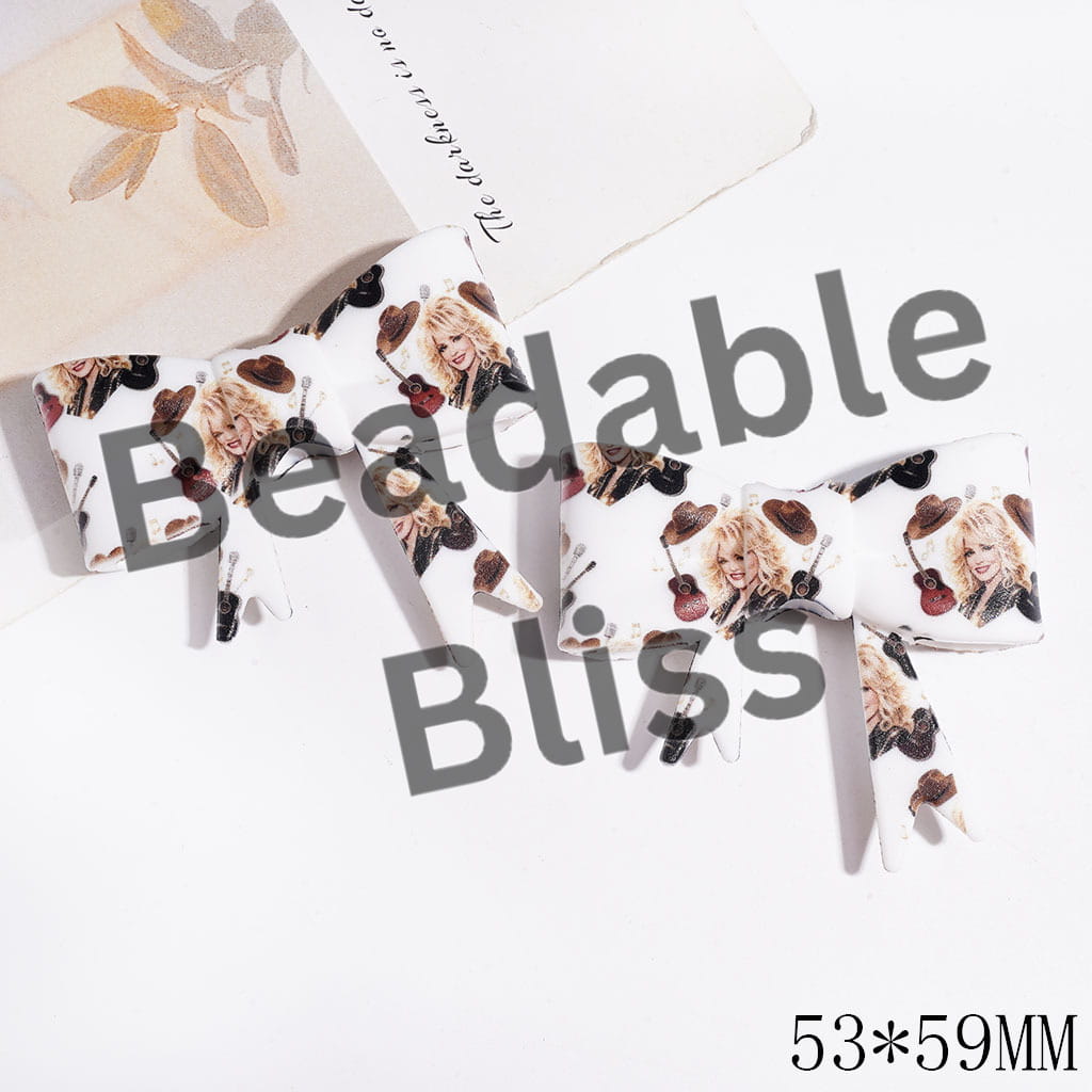 Silicone Focal Beads White Bowtie with American Countryside Singer & Brown Cowboy Hat & Guitar, UV Printed Process, 53*59MM