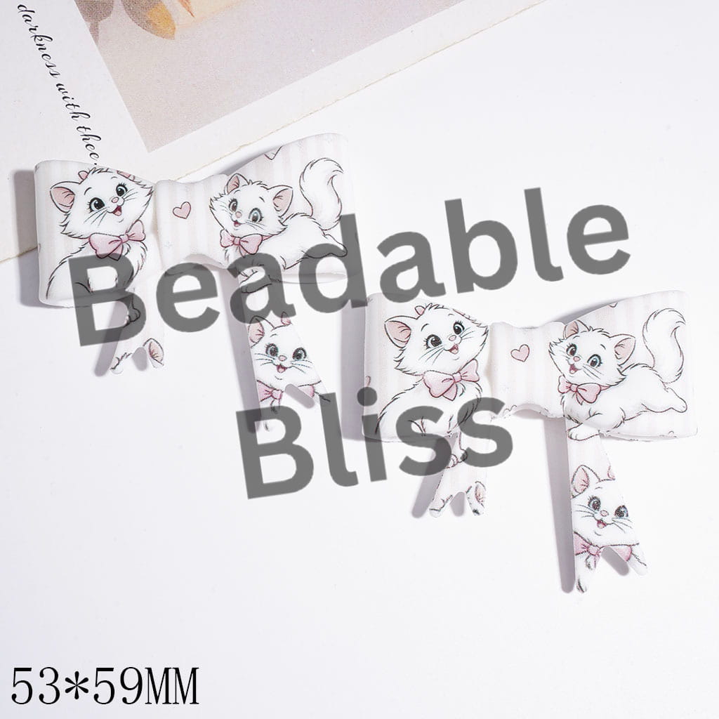 Vertical Stripes and Pretty Kitten Printed Soft Bowtie Silicone Focal Beads, UV-Printed Process, 53*59MM