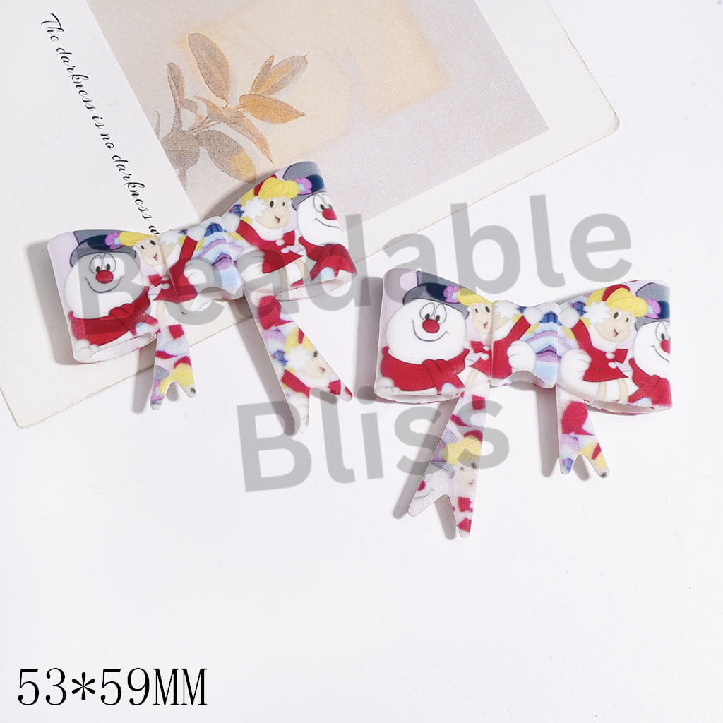 UV Printed Silicone Focal Beads Bowtie with Christmas Snowman and Girl Patterns, 53*59MM