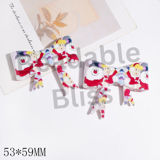 UV Printed Silicone Focal Beads Bowtie with Christmas Snowman and Girl Patterns, 53*59MM