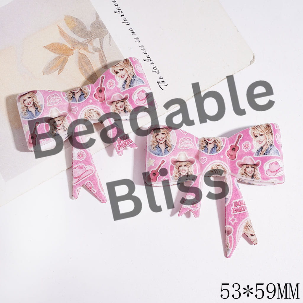 Pink Soft Bowtie with American Countryside Singer & Cowboy Hat & Guitar, UV Printed Silicone Focal Beads, 53*59MM