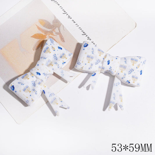 UV Printed Bowtie with Blue Nine-Branched Candelabrum & Leaves Patterns Silicone Focal Beads, Chanukah Style, 53*59MM
