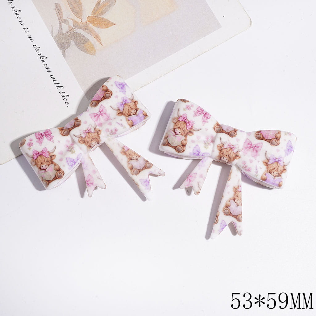UV-Printed Silicone Focal Beads Soft Bowtie with Brown Highland Cattle Reading Book & Pink Purple Bow Patterns, 53*59MM