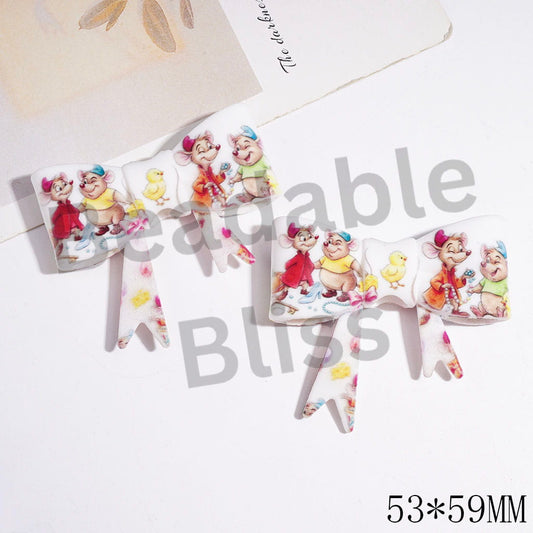 UV Printed Silicone Focal Beads Bowtie with Two Cute Mice and Chick and Crystal Shoes and Necklace Patterns, 53*59MM