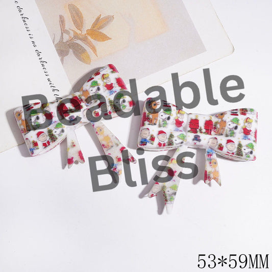 UV Printed Silicone Focal Beads Bowtie with Christmas Beagle Dog Characters, 53*59MM