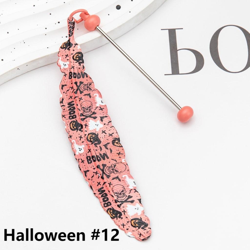 Halloween & Christmas Themes DIY Beadable Metal Feather Shaped Bookmark, 196*24MM