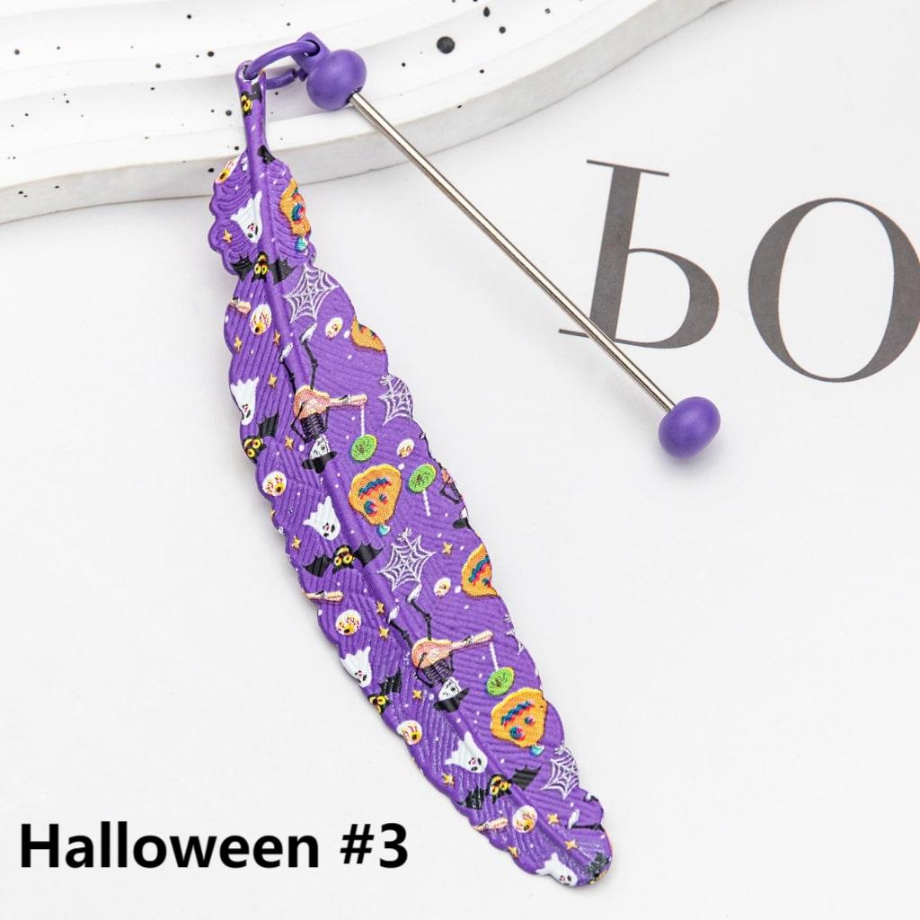 Halloween & Christmas Themes DIY Beadable Metal Feather Shaped Bookmark, 196*24MM