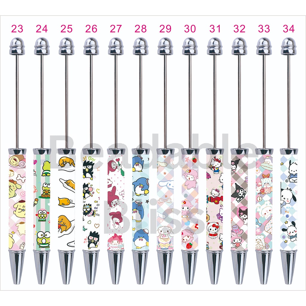 Set of pens with colorful cartoon character designs on white background

