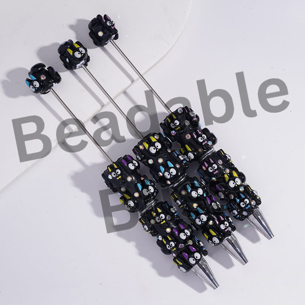 Beadable Clay Pens with Black Kitten Character and AB Rhinestones