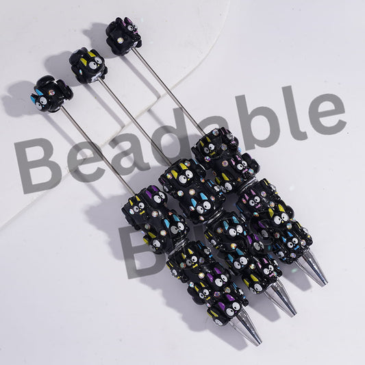 Beadable Clay Pens with Black Kitty and AB Rhinestones