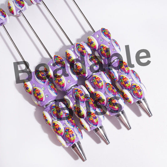 AB Rhinestones and American Football Shape with Colorful Text "Li.. Fr..." Beadable Clay Pens, Purple Pen Base