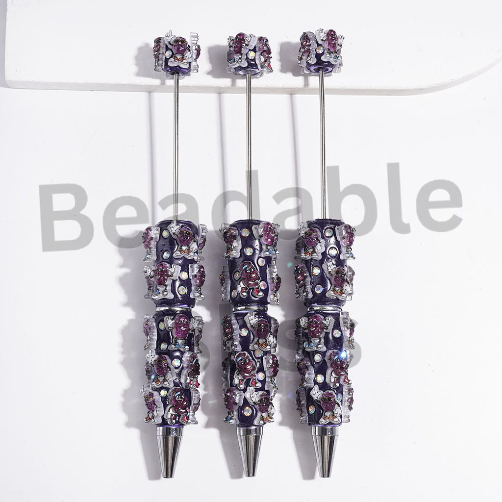 Beadable Clay Pens Various Style Purple Potato and AB Rhinestones on Dark Purple Background