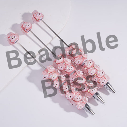 Beadable Clay Pens with Pink Bunny-Like Girl Character and AB Rhinestones