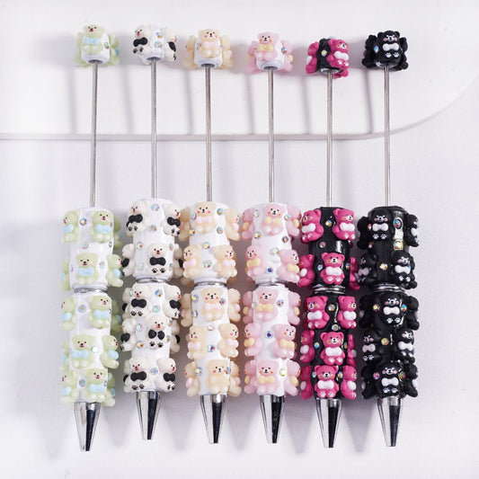 Beadable Clay Pens Cute Bear with Bowtie and AB Rhinestones, White Pearl, Multi-Color, Random Mix