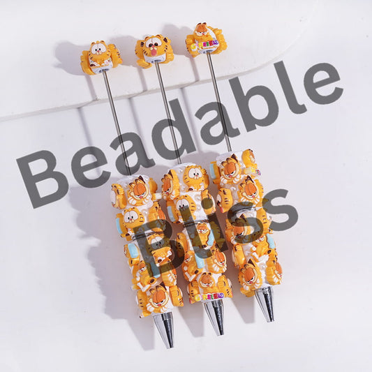Beadable Clay Pens with Yellow Lazy Cat Series, AB Rhinestones and White Pearls