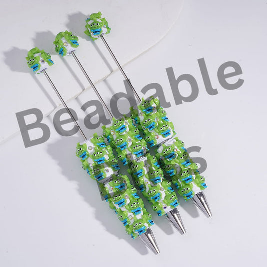 Beadable Clay Pens with Toy Adventure Green Three Eye Character and AB Rhinestones