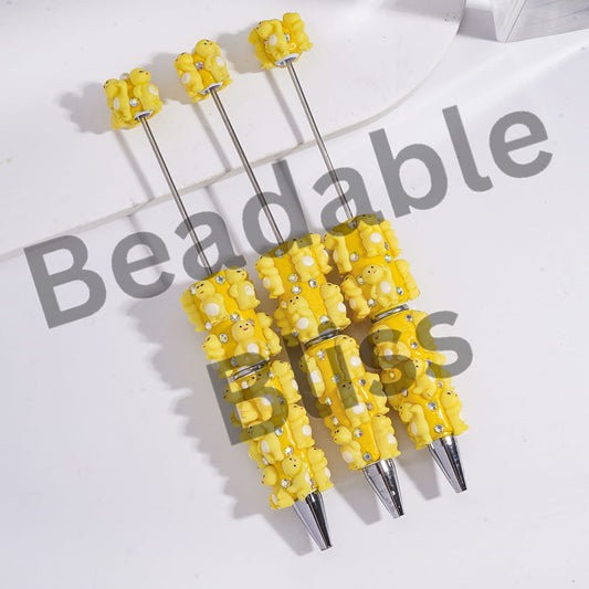 Beadable Clay Pens with Cute Yellow Loong Character, AB Rhinestones and White Pearl