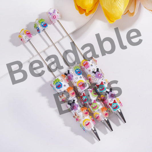 Beadable Clay Pens with Cute Abstract Big-Mouthed Monster and AB Rhinestones