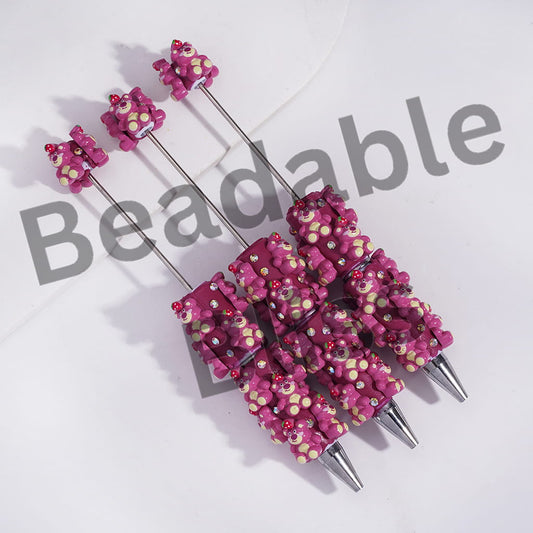 Beadable Clay Pens with Pink Bears and Strawberry, AB Rhinestones and White Pearl