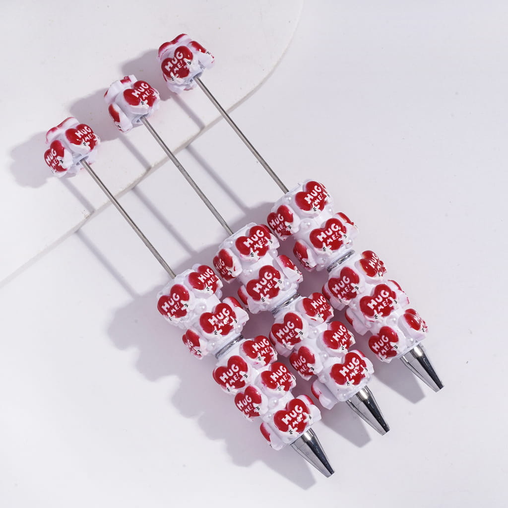 Beadable Clay Pens with Text "HUG ME" Red Heart and Half-Shell White Pearls