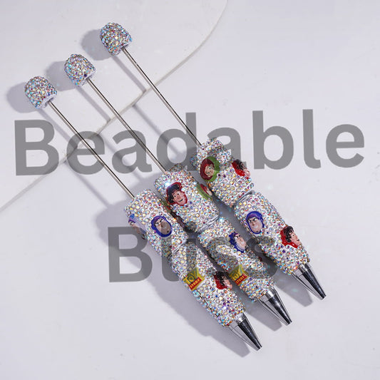 Beadable Clay Pens with Toy Adventure Character Series and Mini AB Rhinestones Covered the Entire Pen