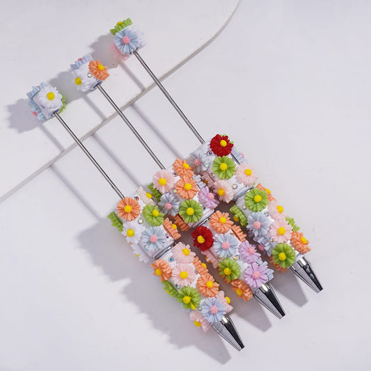 Beadable Clay Pens with Daisy Flowers and AB Rhinestones