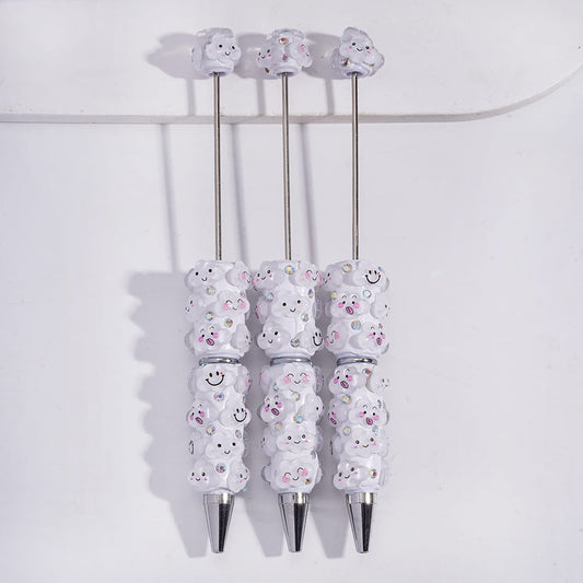 Beadable Clay Pens with Smiling White Clouds and AB Rhinestones