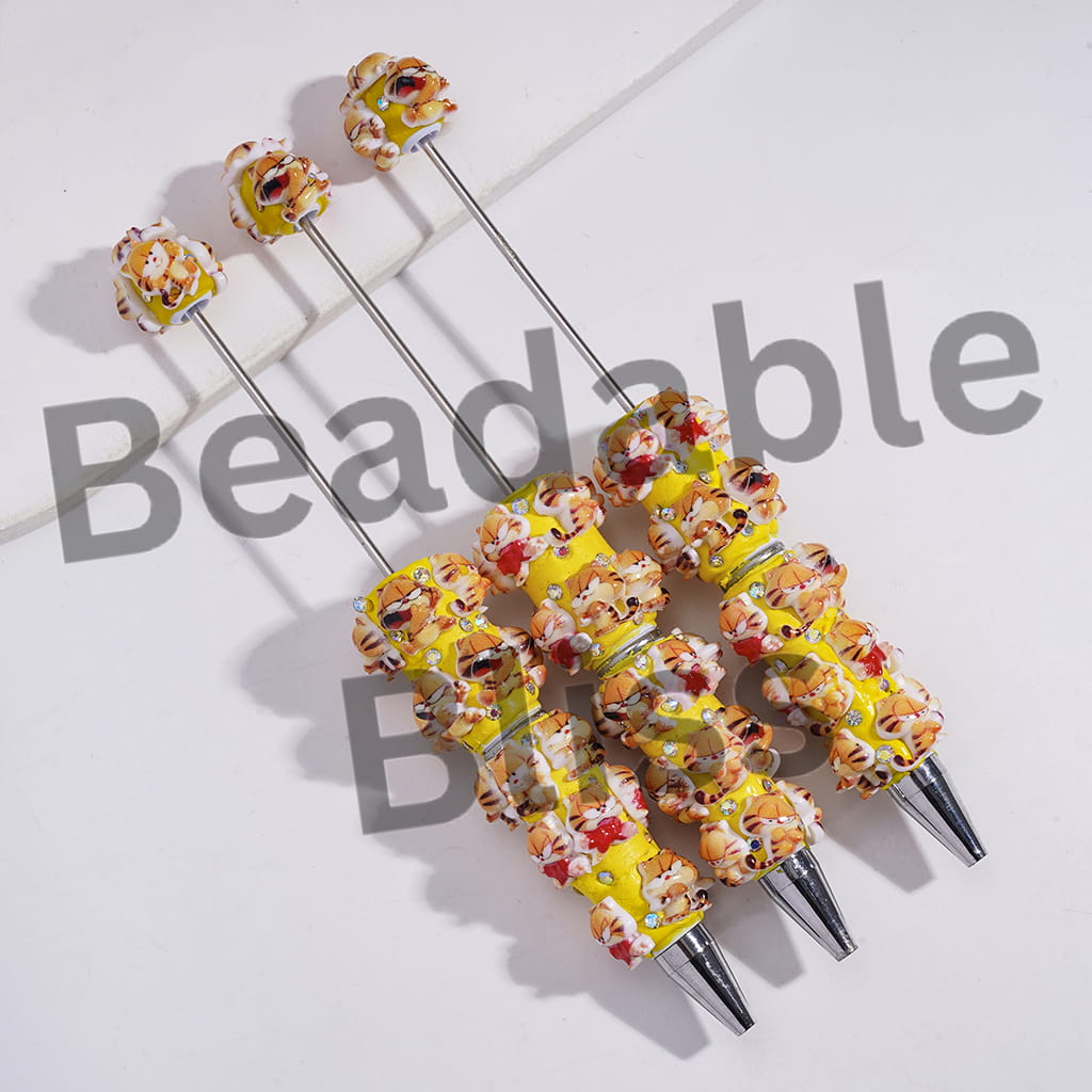 Beadable Clay Pens with Lazy Cat Character Series and AB Rhinestones