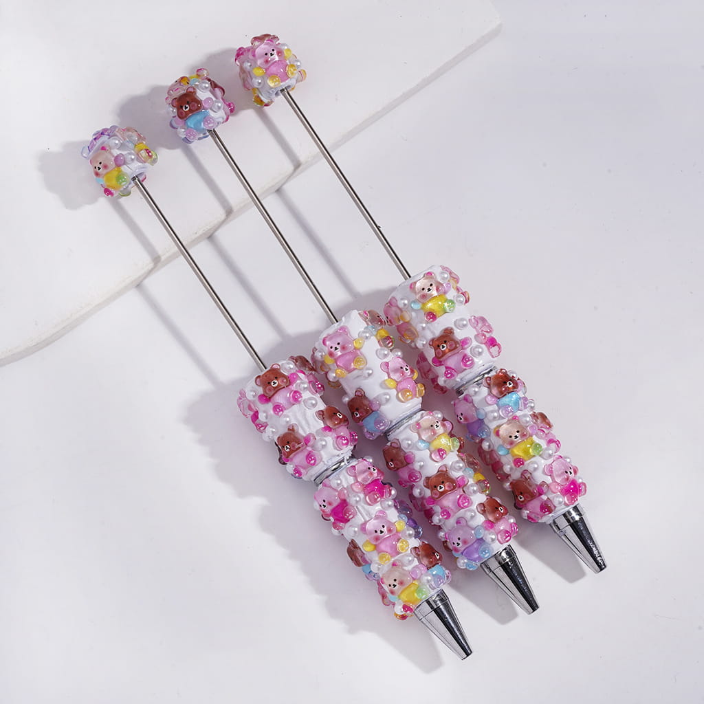 Beadable Clay Pens with Shiny Bear and White Pearls