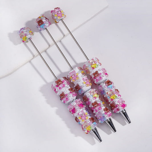 Beadable Clay Pens with Shiny Bear and White Pearls
