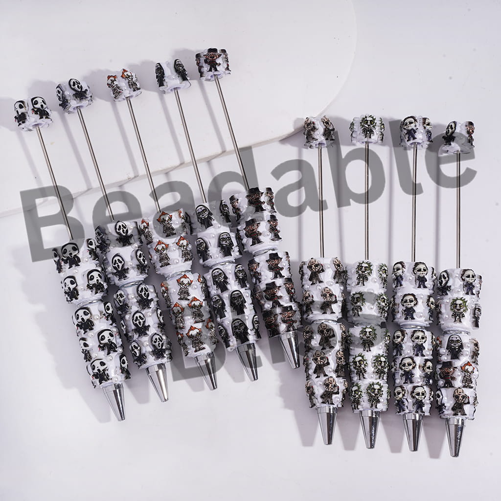 Beadable Clay Pens with Spooky Character Series Dark Halloween Theme and White Pearls, Random Mix