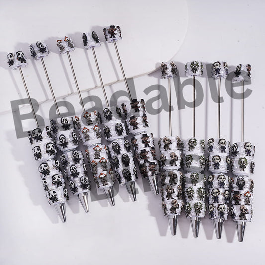 Beadable Clay Pens with Spooky Character Series Dark Halloween Theme and White Pearls, Random Mix