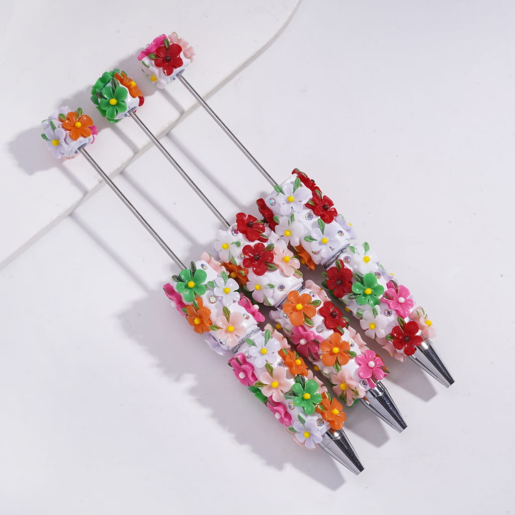 Beadable Clay Pens with Irregular Flowers and Leaves, AB Rhinestones