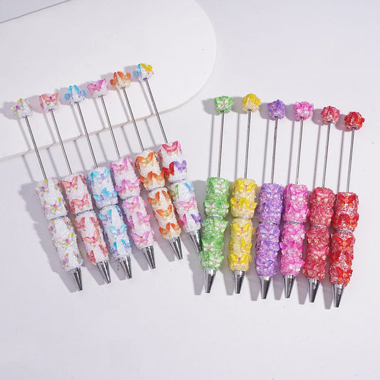 Handcrafted Beadable Sugar Clay Pens with Colorful Dreamy Butterflies and Broken Rhinestones Covered the Entire Pens, Random Mix