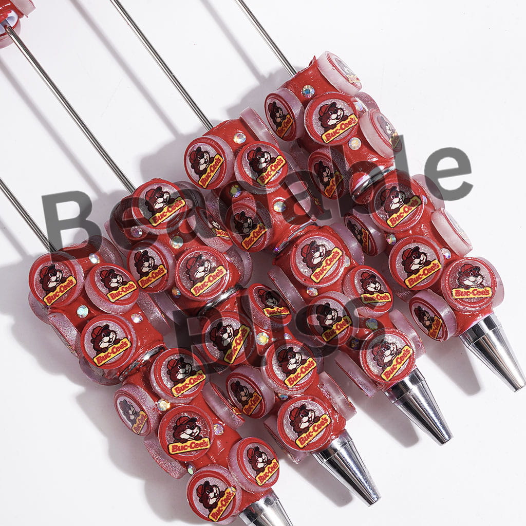 Round Design with Cute Beaver and Silver Glitter Beadable Clay Pens, AB Rhinestones