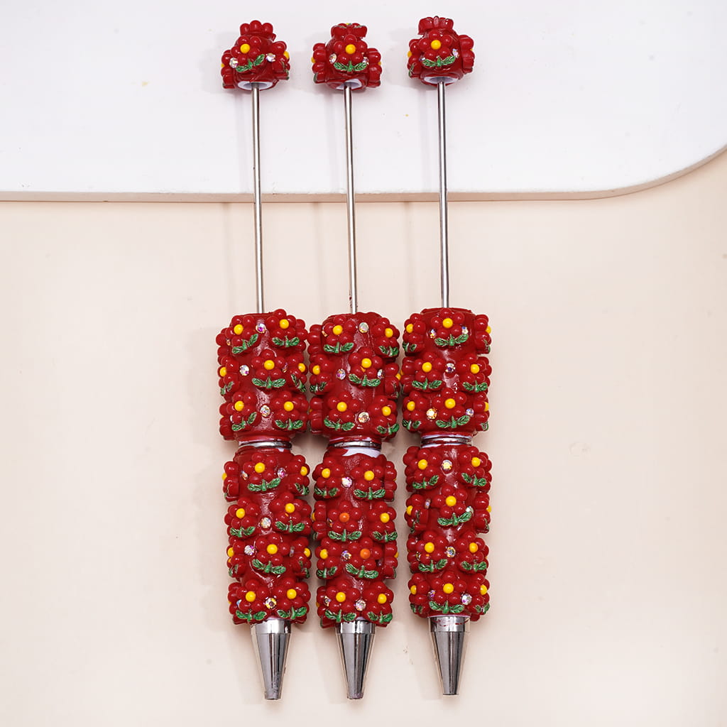 Beadable Clay Pens with Red Flowers and AB Rhinestones